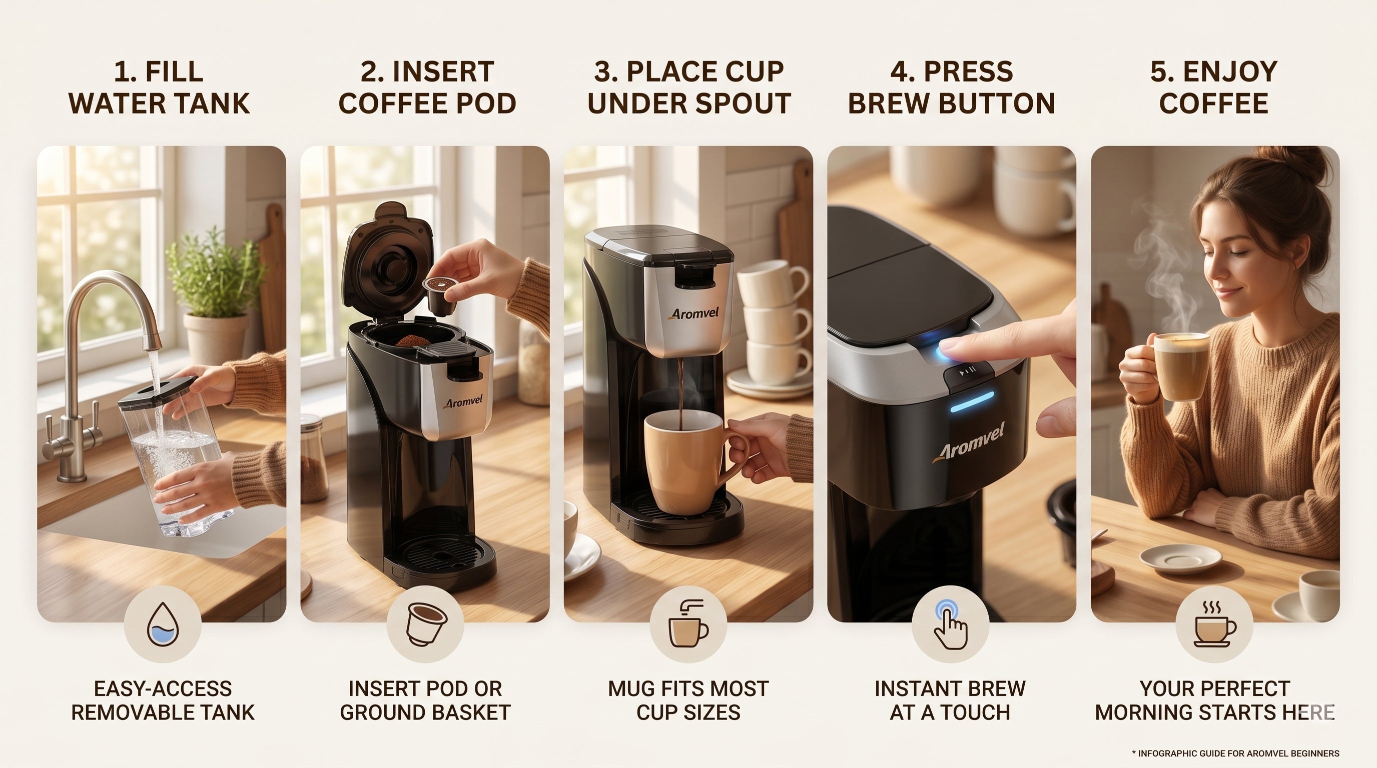 Beginner using a pod coffee machine step-by-step in a cozy home kitchen.