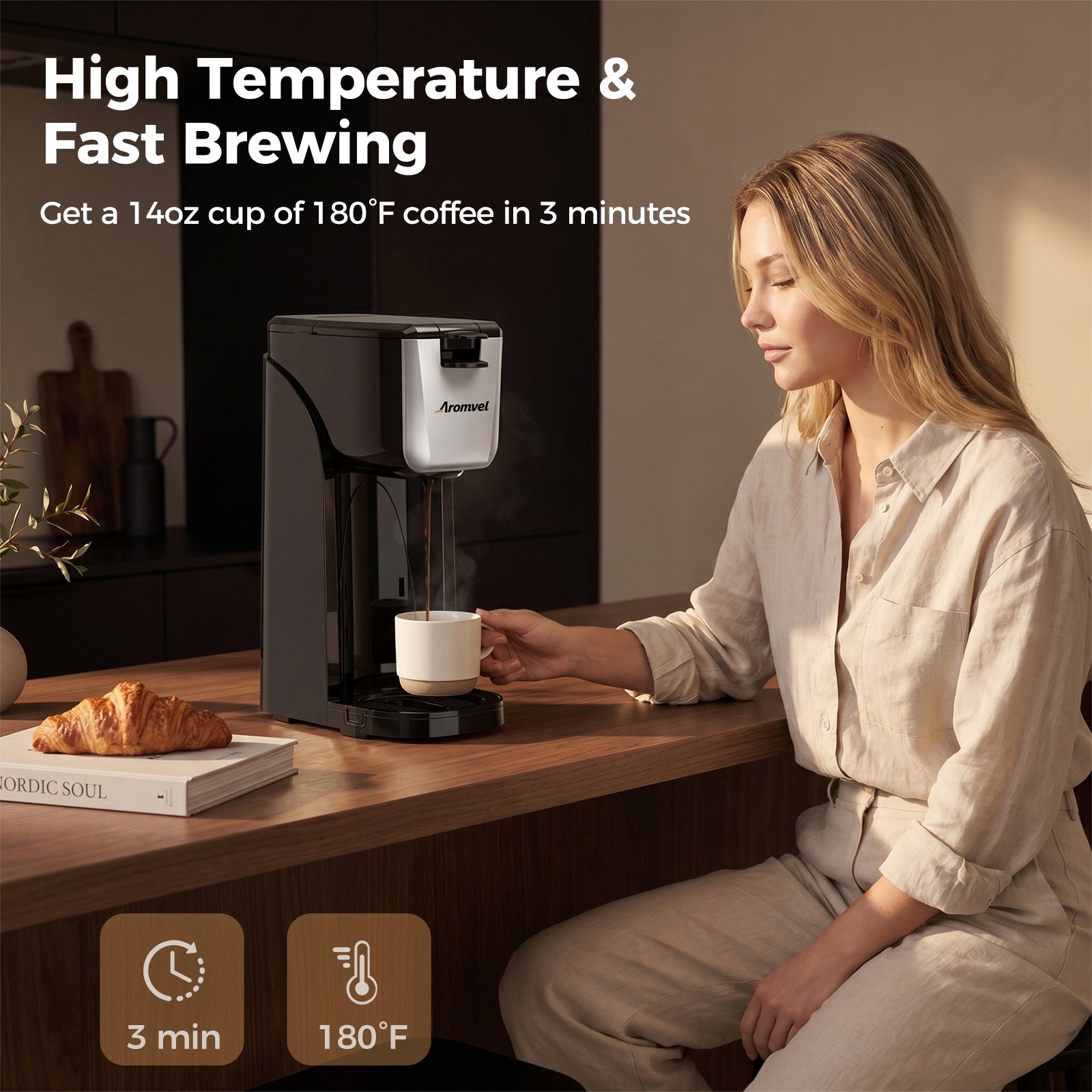 Aromvel CM3502 Single-Serve Coffee Maker Compatible with Pods & Ground Coffee