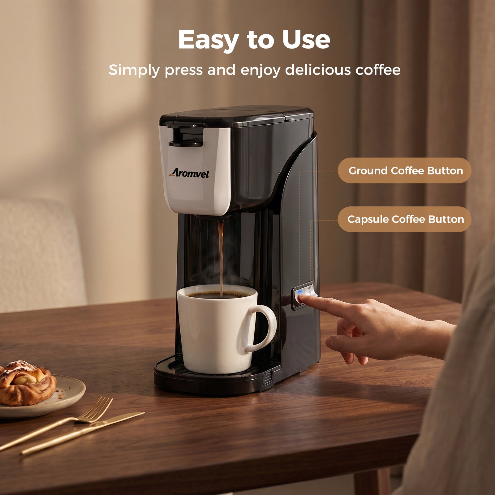 Aromvel CM3502 Single-Serve Coffee Maker Compatible with Pods & Ground Coffee